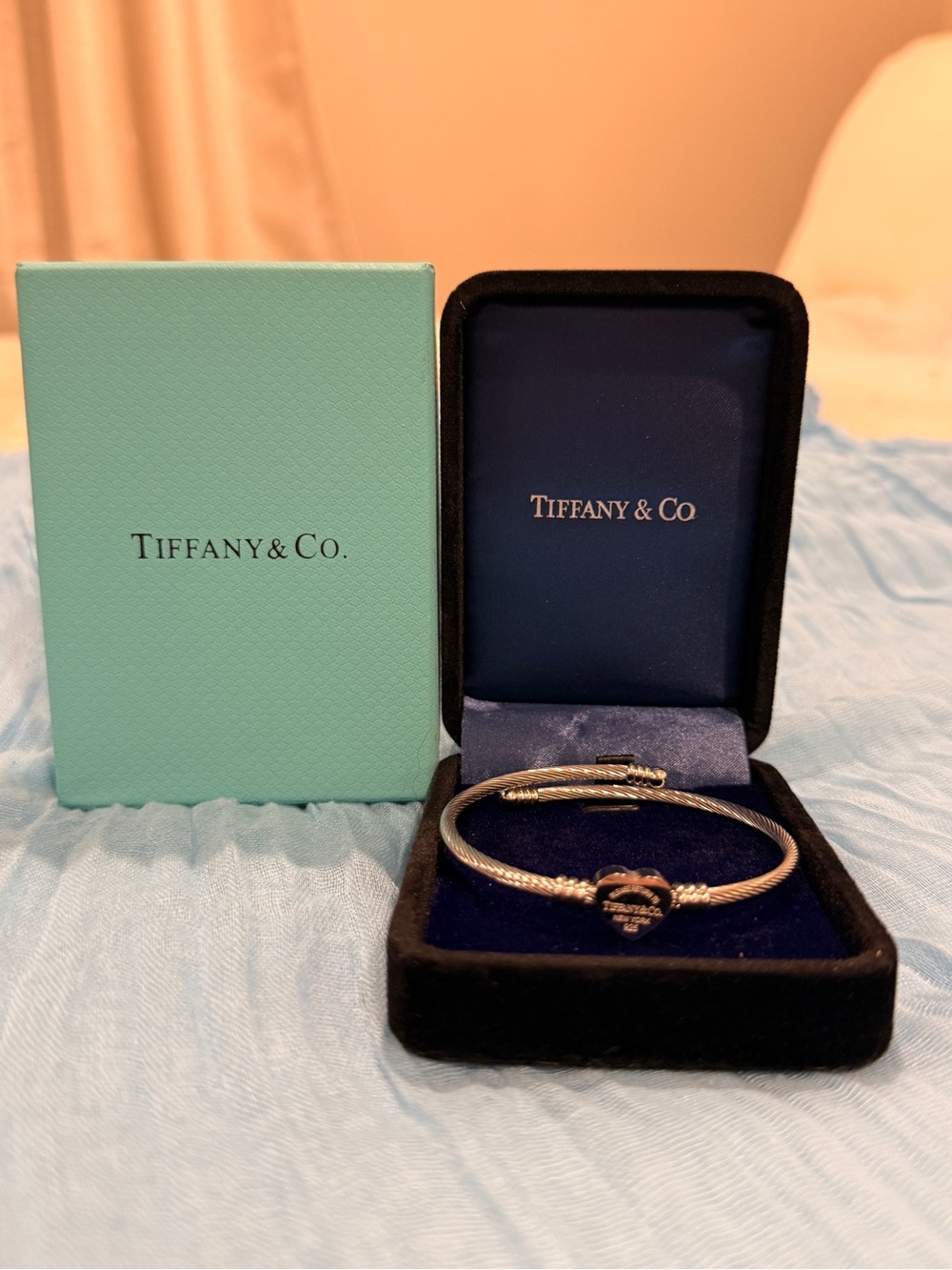 Tiffany & Co. Silver Heart Tag Cable Bracelet with Blue Box